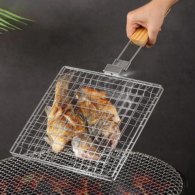 Stainless Steel BBQ Grilling Basket Nonstick Foldable BBQ Grill With Wooden Handle Meat Fish Clip Holder BBQ Accessories