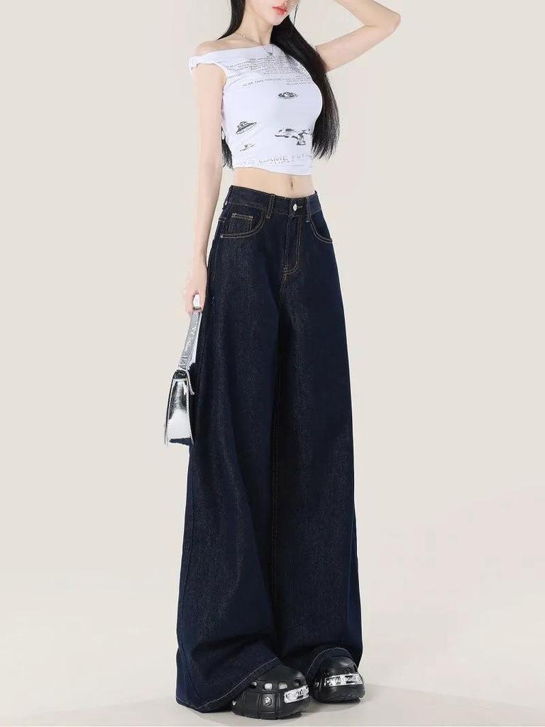 Dark Blue High-Waisted Retro Wide-Leg Jeans - Women's Loose-Fit, Floor-Length Summer/Autumn Pants