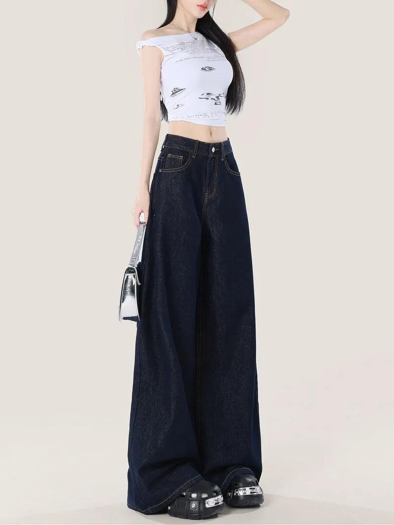 

Dark Blue High-Waisted Retro Wide-Leg Jeans - Women s Loose-Fit, Floor-Length Summer/Autumn Pants XL