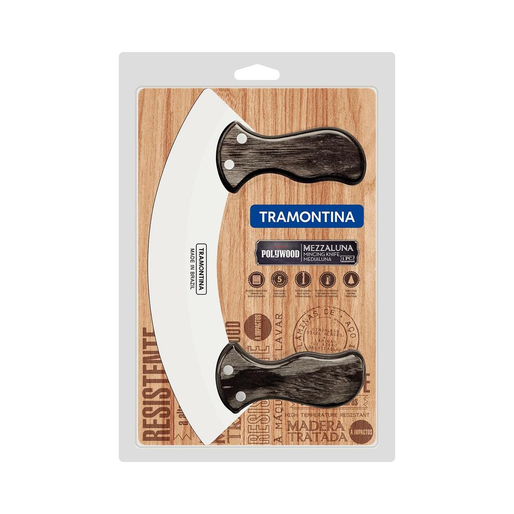 Tramontina Chopper Chopping Pizza Cutter All Purpose Knife Wood Handle Mincing Knife Polywood 25cm Dark Brown Dishwasher Safe Durable Natural Wood