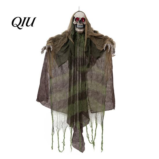 Creepy Doorway Ghost Ornaments Halloween Animatronics Hanging Decoration, Sound Activated Grim Reaper Prop with LED Secret Room Props Glowing Eyes And