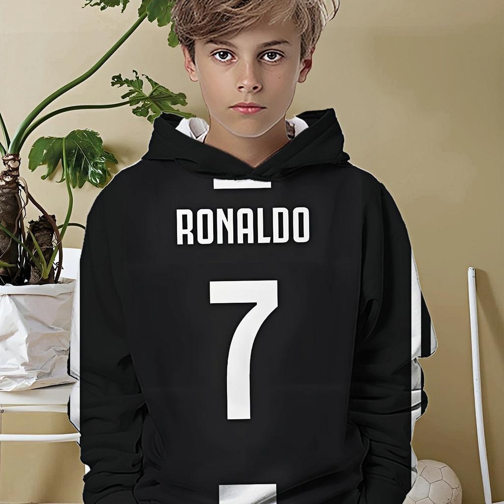 Boys' Football Hoodie - Ronaldo NO.7 Jersey Design, Black and White Sports Pullover