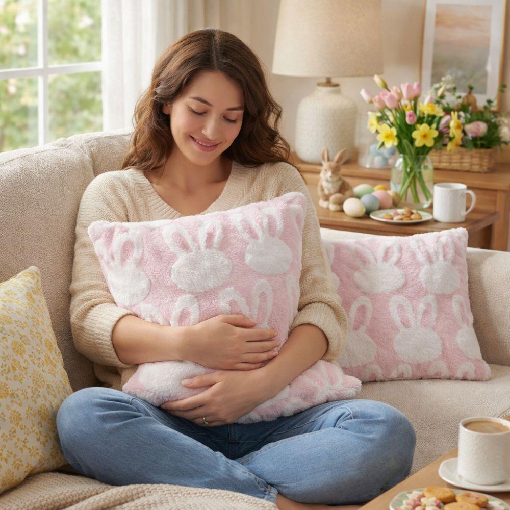 Jacquard Plush Pillow Case Cartoon Rabbit Throw Pillowcase Easter Pillow Covers  Sofa Couch