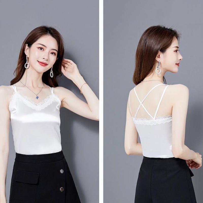 Spring and Summer Black Lace Imitation Silk Sling Women's Thin Suits Wear Outer Vests and Inner Vests Sleeveless Bottoming Shirt Top