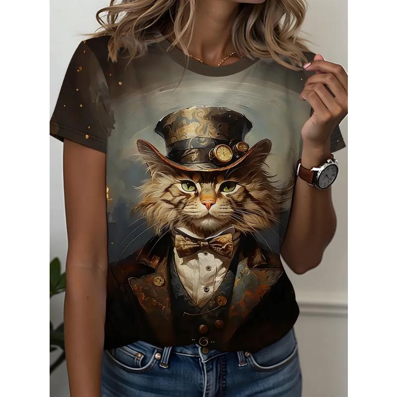 Fashion Women's Animal Short Sleeve 3D Animal Color Printing Crew Neck Short Sleeve Crew Neck T-Shirt