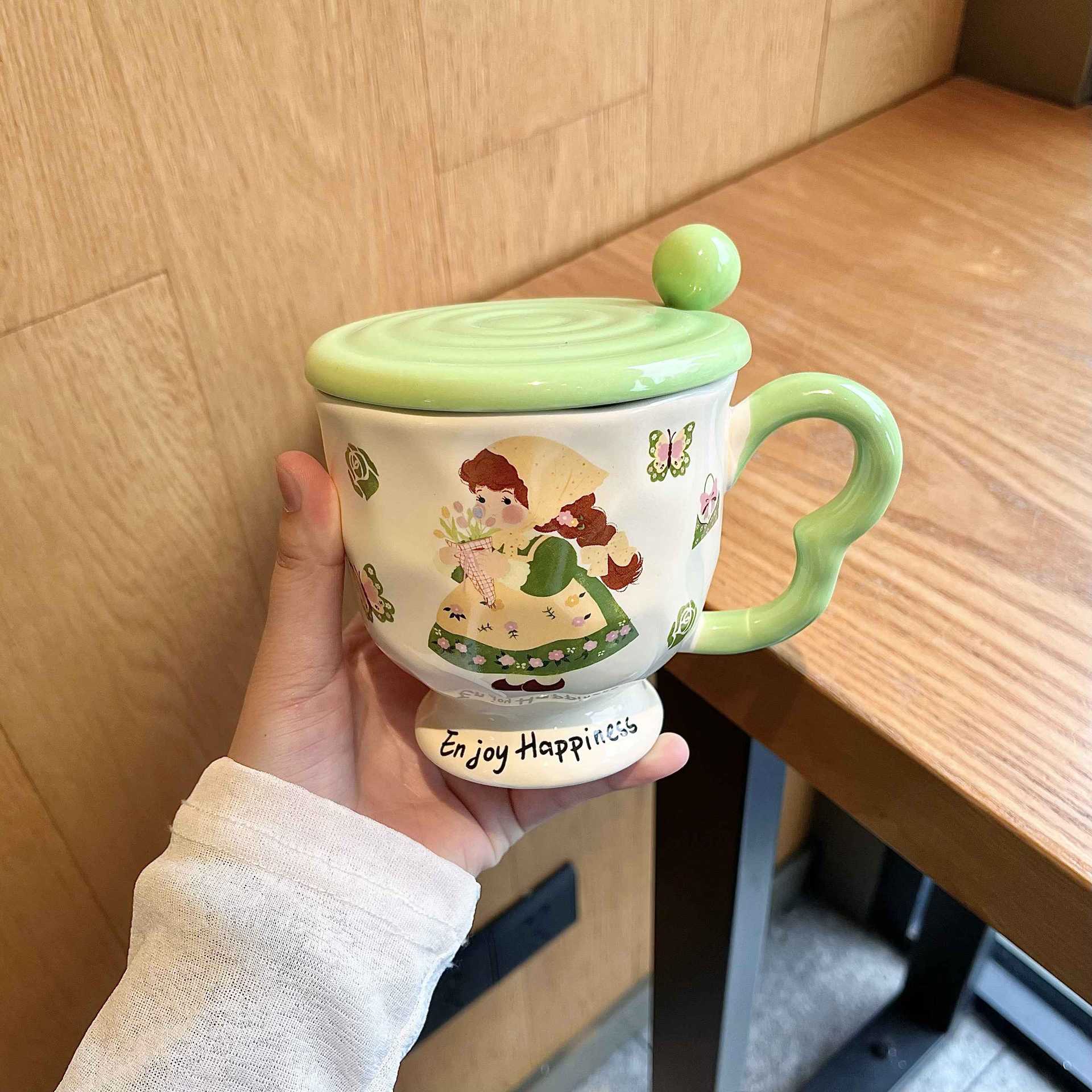 

Кружка с крышкой и ложкой, высококачественная керамическая чашка, нишевый бокал, парная чашка для воды, бытовая чашка для кофе и завтрака 400ML