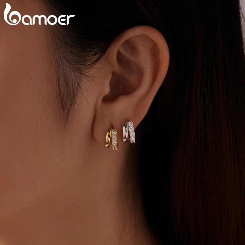 BAMOER 0.3CT Double-layer Moissanite Huggies Earring, 925 Silver Sparking Hoop Earring for Women Hypoallergenic Jewelry