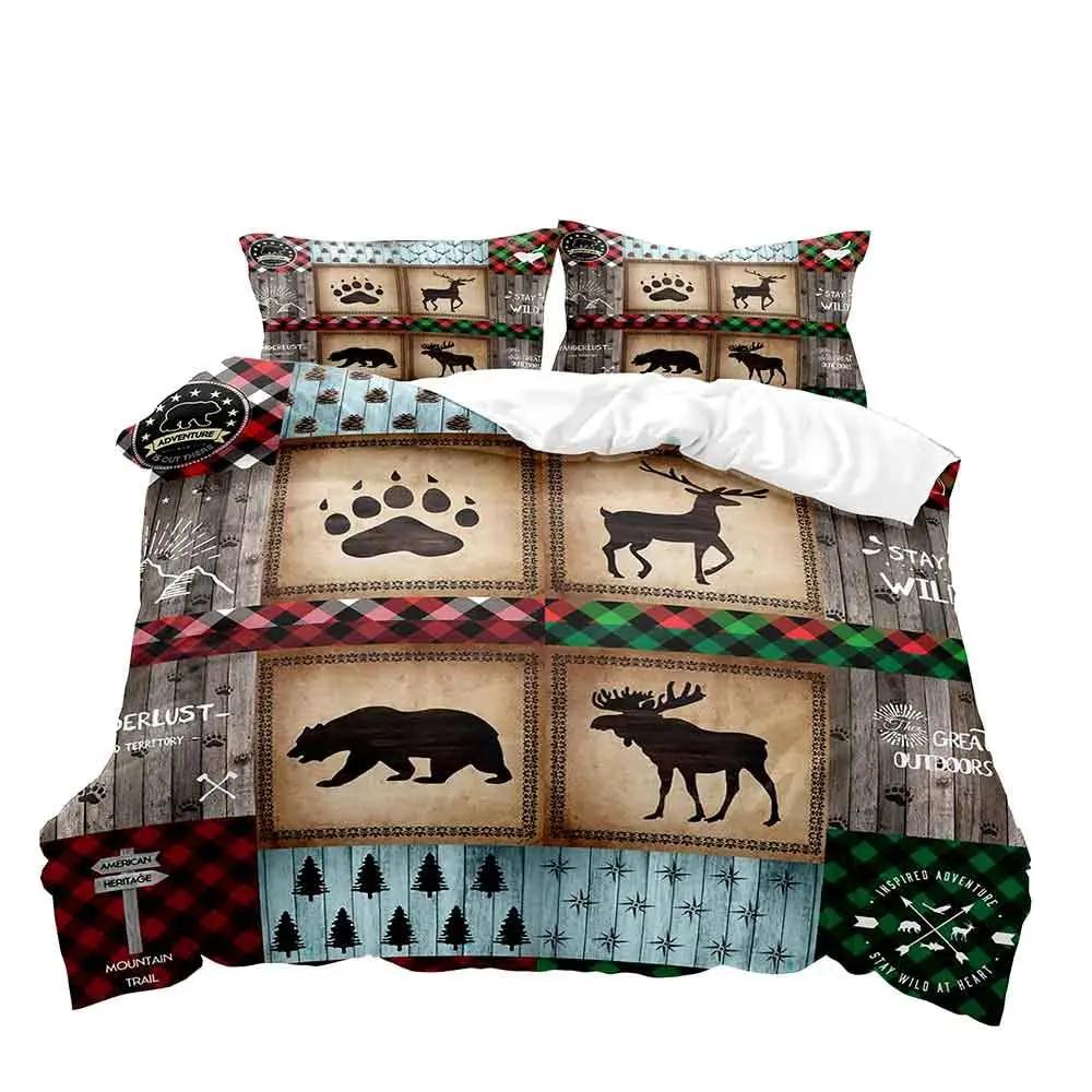 Elch Schwarzbär Bettbezug Queen Set, Wildtiere Hirsch Bettwäsche Set, Rustikales Schlafzimmer Dekor für Männer Freund Teenager Junge, 2 Kissenbezüge