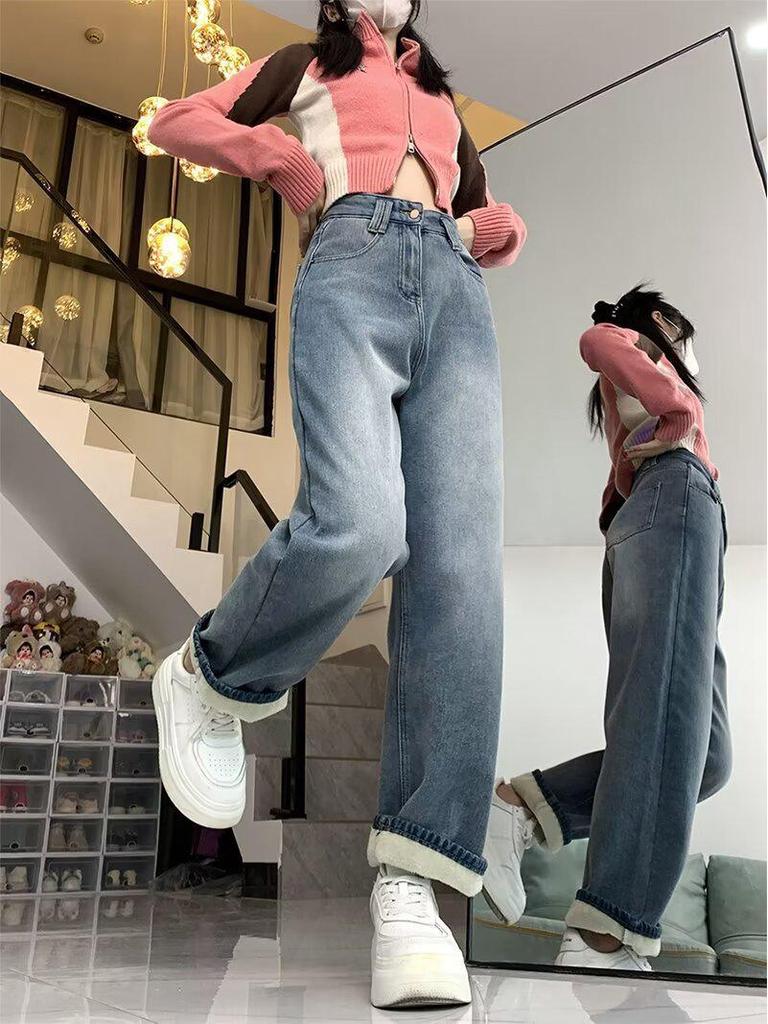 Women's Plush High-Waisted Wide-Leg Jeans, Warm for Autumn/Winter 2023
