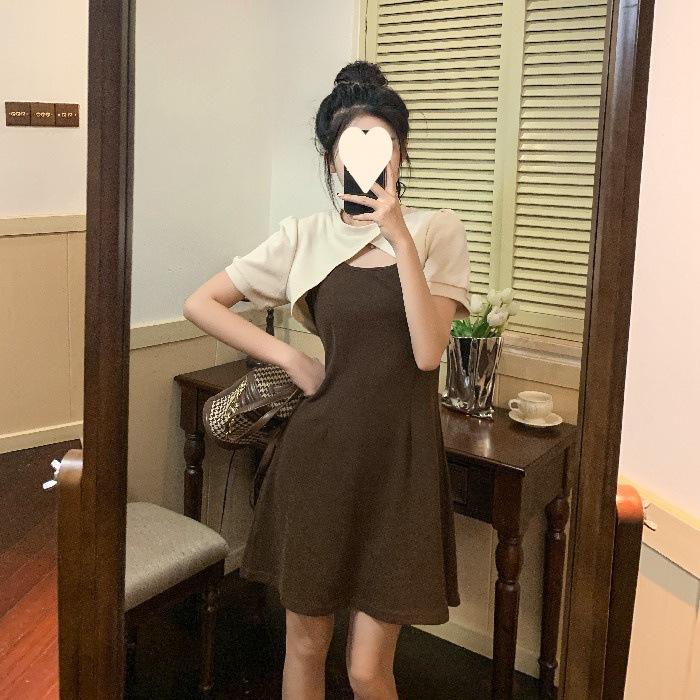 Suspender dress women s summer new thin suit design sense short blouse with skirt two-piece set S