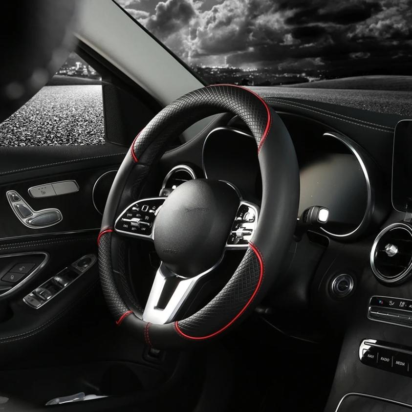All Seasons Leather Diamond Steering Wheel Cover Universal Fit for 14 .5-15 Inch Durable Leather Cover Anti-Slip Veins Design