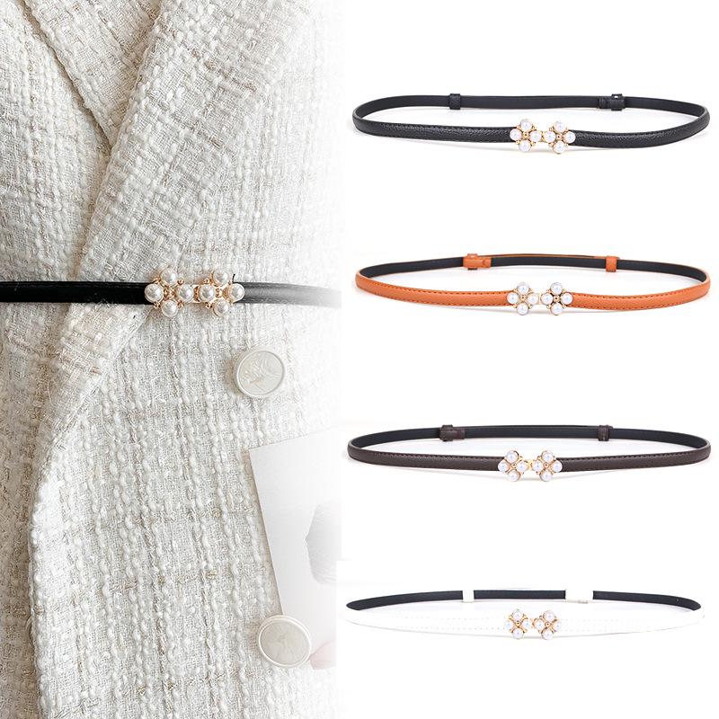 

Korean Style Adjustable Thin Leather Waist Belt with Four-Leaf Clover Pearl Decoration белый