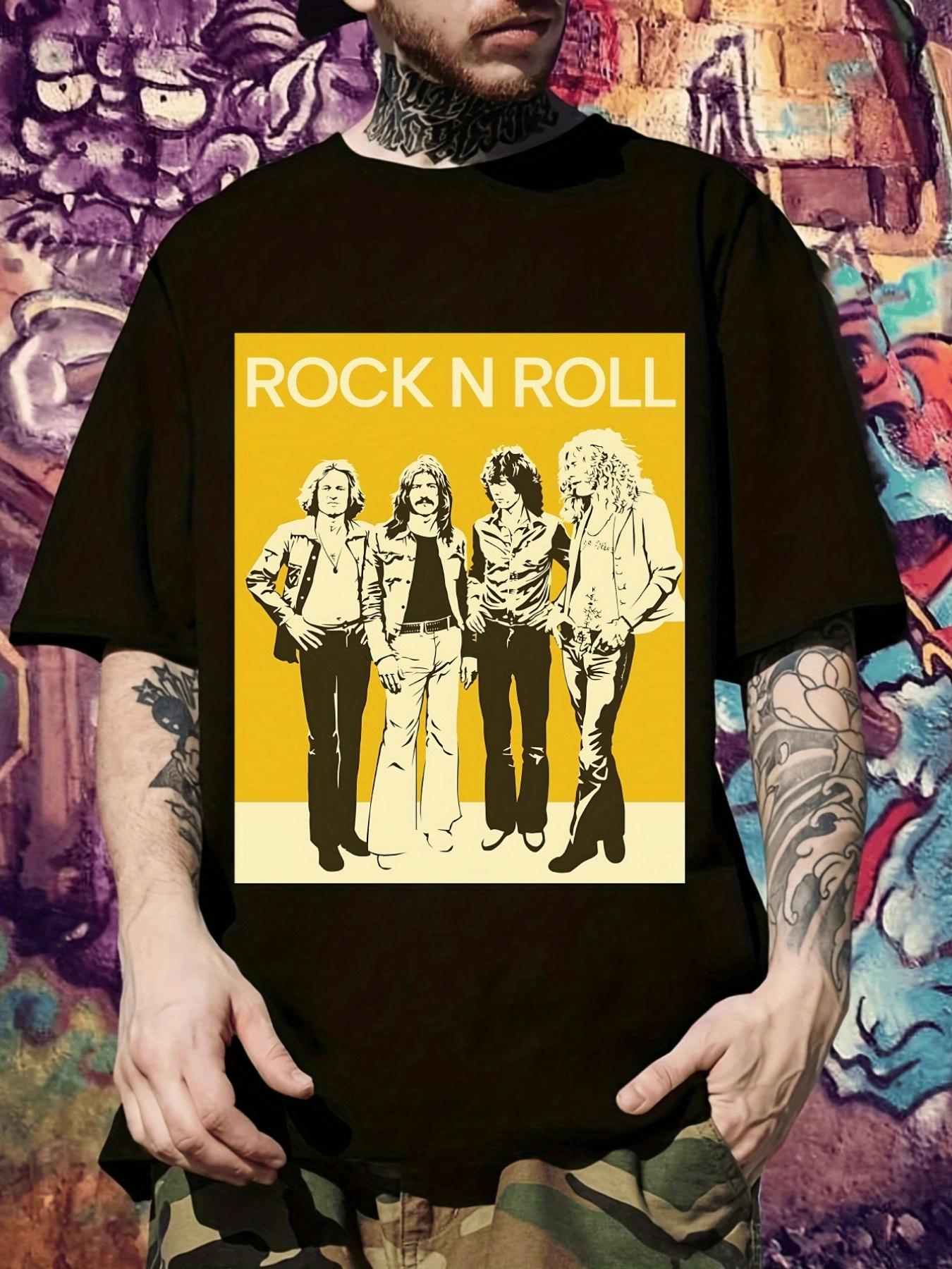 Rock n Roll Graphic T-shirt - Bold ROCK N ROLL Band Print Tee in Black & Yellow S