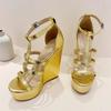Fashion Eilyken Summer Golden Open Toe Narrow Band Platform Wedges Woman Sandals Fashion Thick Bottom High Heels Banquet Shoes