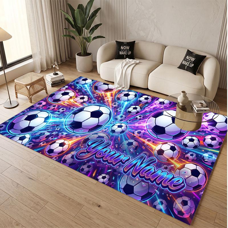 Fußball-Thema Weicher Kristall-Samt Teppich Benutzerdefinierter Name & Text Druck Rutschfester Boden Teppich für Schlafzimmer Wohnzimmer