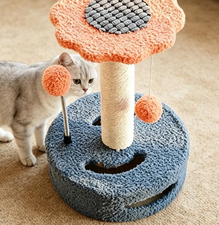 Two-tone Floral Cat Tower with Flower Perch, Sisal Scratcher Cave Base & Spring Hanging Pom-pom Toys Relieve Cat Boredom
