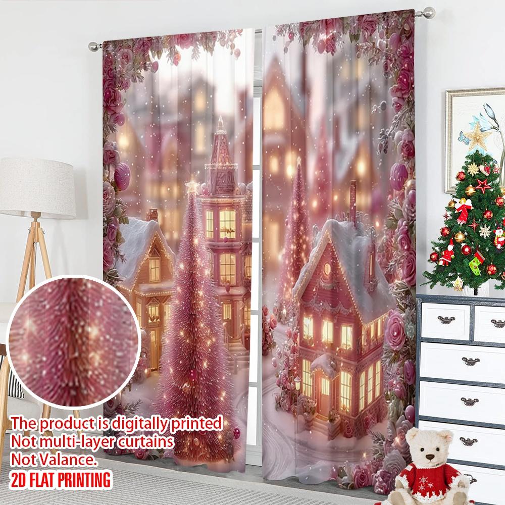 2pcs 2D flat printing Merry Christmas Curtains Snowflake house ball pink Digital Printed Polyester Drapes Birthday Party for