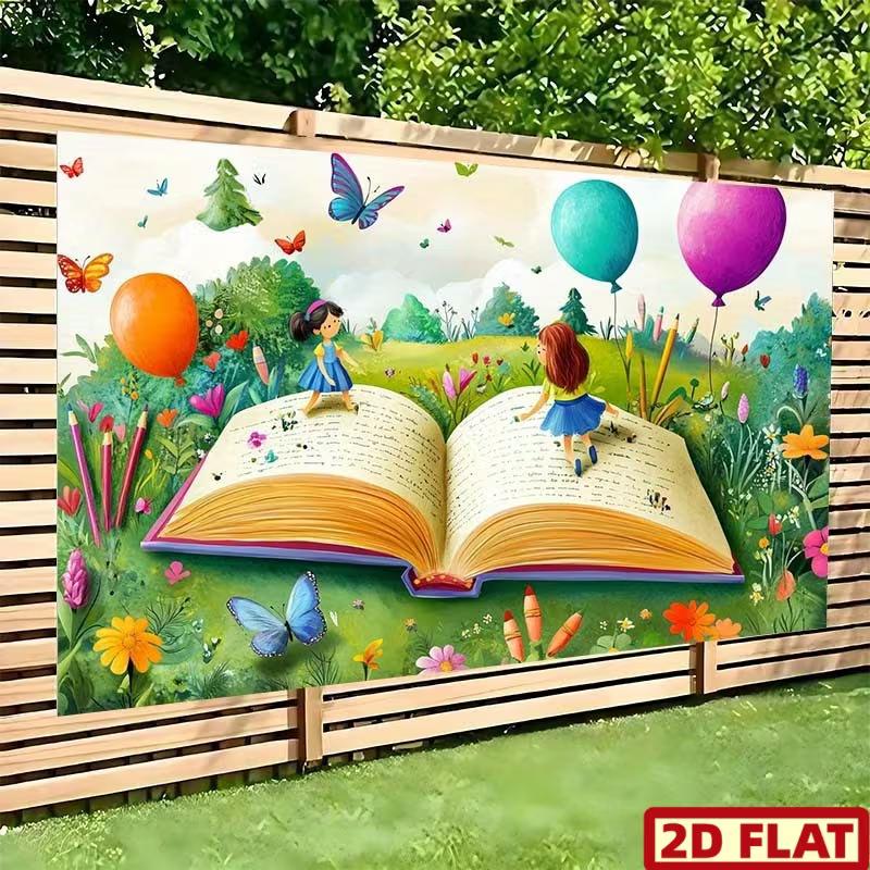 

2D Enchanted Book Backdrop, Children on Open Book with Balloons Photography Background 47.2x31.5inch/120*80cm