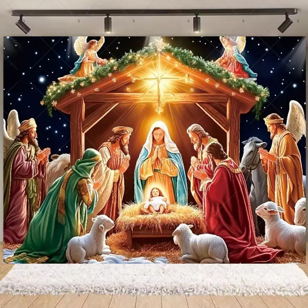 Nativity Scene Background Banner Starry Night Traditional Christmas Religious Jesus Backdrop Supplies Christmas Party Decoration