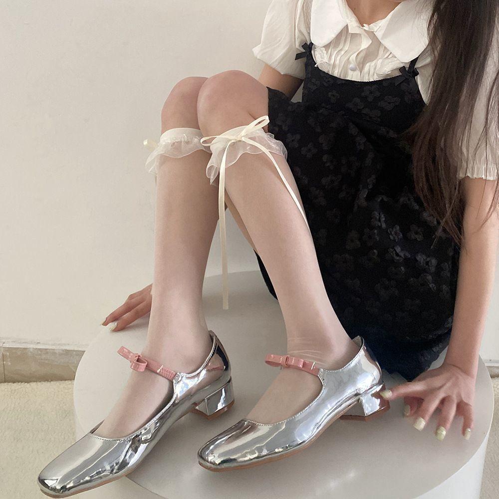 Women Sweet Summer Silky Thigh High Stocking Harajuku Lolita Ultra-Thin Transparent Lace Bow Ribbed Elastic Over Knee Long Socks
