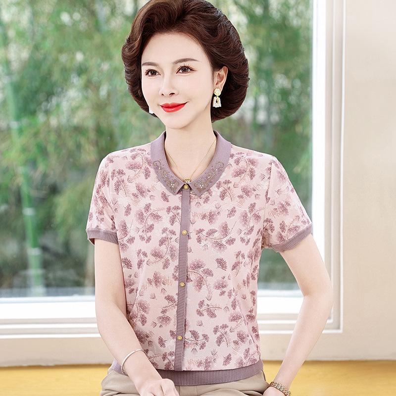 Mom's Ice Silk T-Shirt for Middle-Aged Women: Short-Sleeve Summer Top for 50s & 60s.
