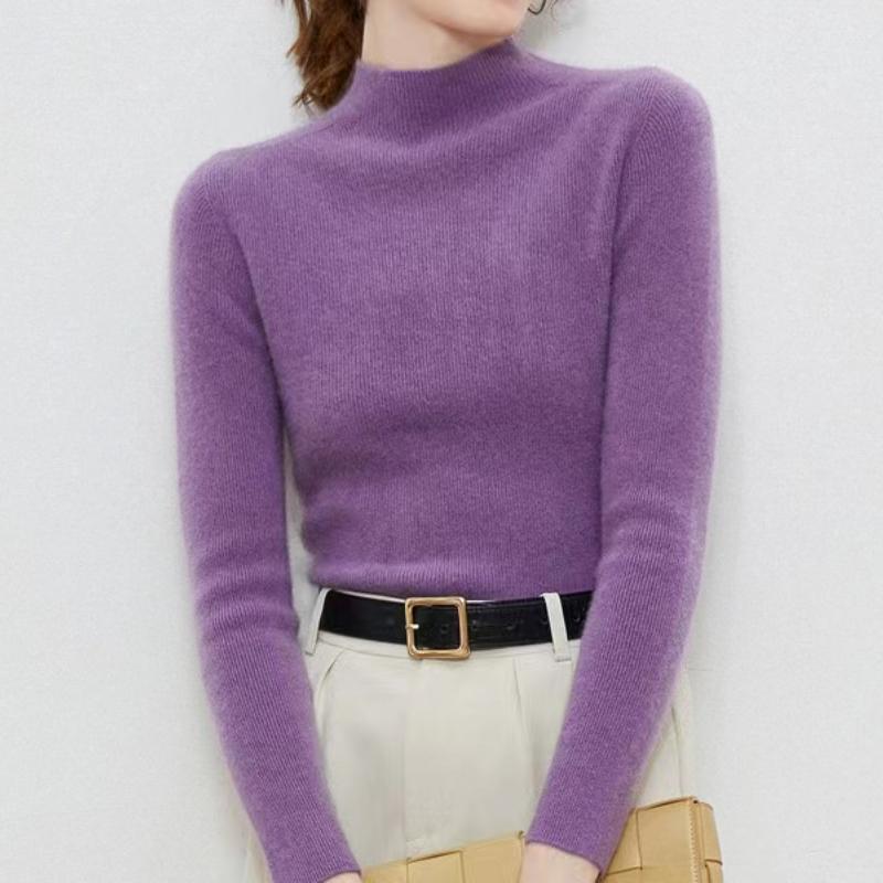 IHUASU Women's Semi-high Neck Wool Sweater Women 100% Pure Wool Slim Cashmere Knitting Bottoming Tight Inner Jumper