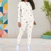 Women Plus Size Cream White Dots Printed Round Neck Long Sleeve Fitted Two Piece Pants Set With Pockets