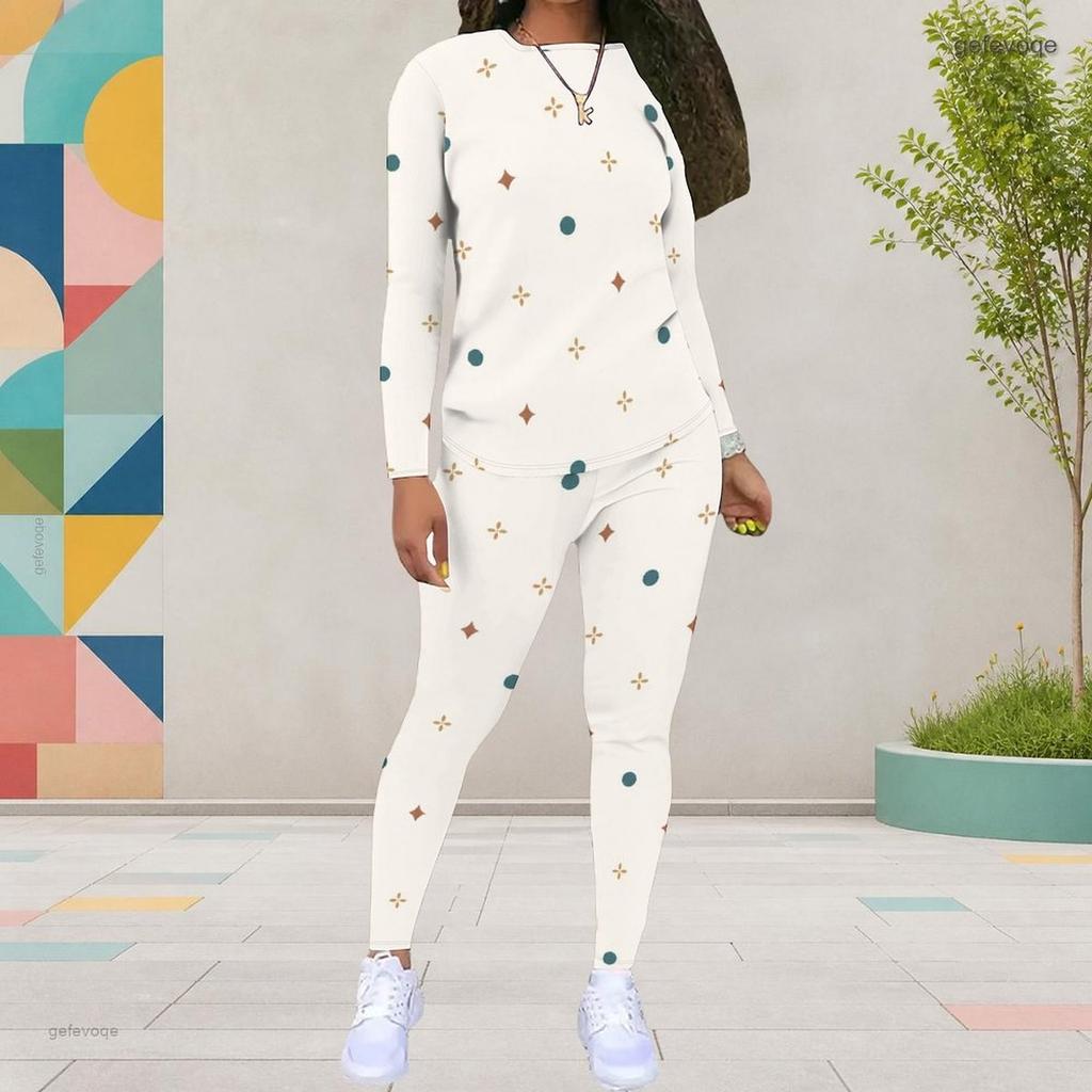 Women Plus Size Cream White Dots Printed Round Neck Long Sleeve Fitted Two Piece Pants Set With Pockets