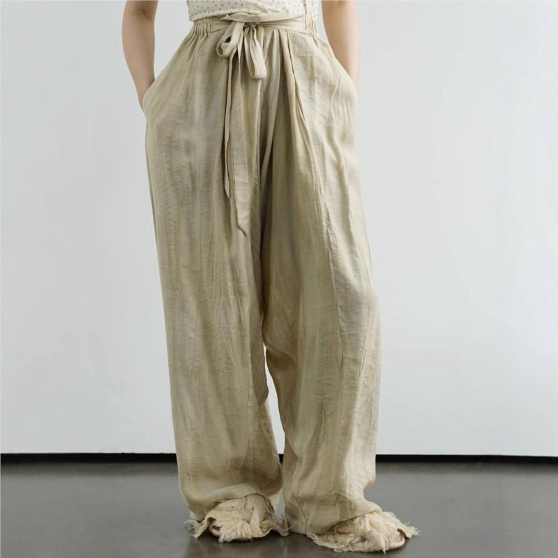 Johnature Women Vintage Bandage Straight Pants Solid Color Summer Elastic Waist Loose Pockets Female Long Trousers