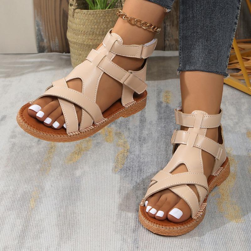 Summer new sandals women's large size sandals Velcro cross strap flat sandals women