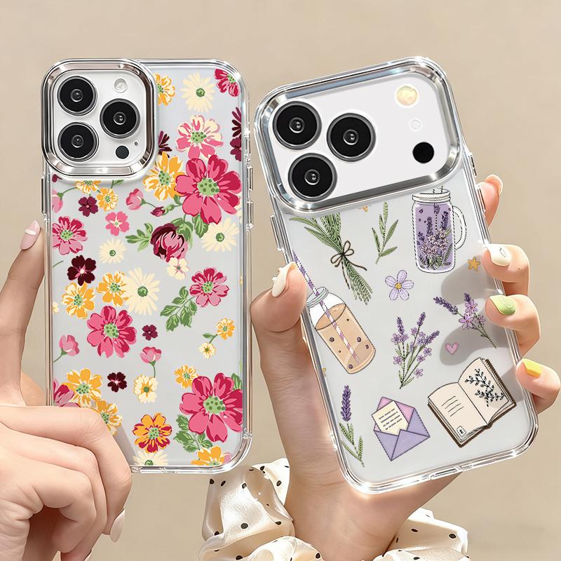 Sunflower Floral Pattern Case For iPhone 17 Pro Max iPhone 16 15 14 13 Pro Max 11 17e 16e Plating Lens Frame Clear Soft Silicone Back Cover