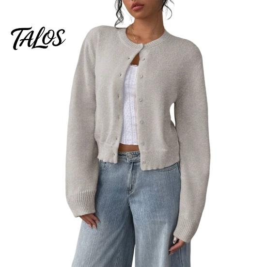 Maglia Lunga Manica Lunga Donna Cardigan Corto a Maglia, Top con Bottoni, Maglione Leggero Casual Girocollo per Primavera Autunno Aperto Davanti