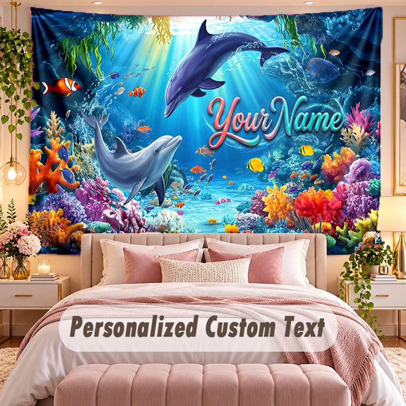 Fish Ocean (95) Theme Wall Tapestry Customized With Name Text Personalized Hanging Tapestry For Bedroom Living Room Decor