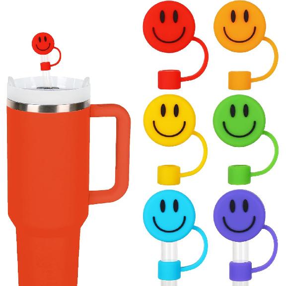 Whaline 6Pcs Smile Face Straw Covers Pink Green Silicone Reble Round Straw Topper Gradient Color Double Sided Pattern Straws Tips Covers 10mm 0.4