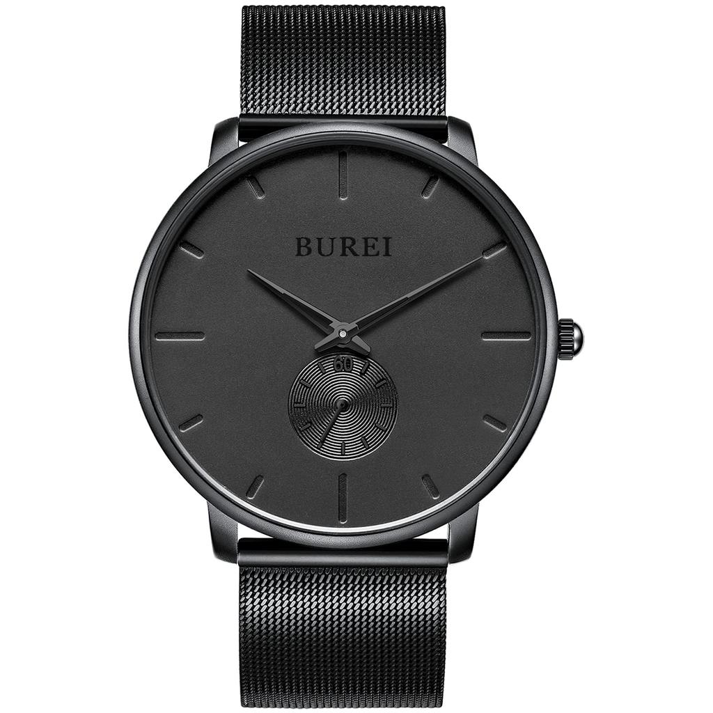 BUREI Men's Black Watch, Simple, Stylish, Popular, Men's Black Watch with Leather Strap (AMJP-7, Stainless Steel)