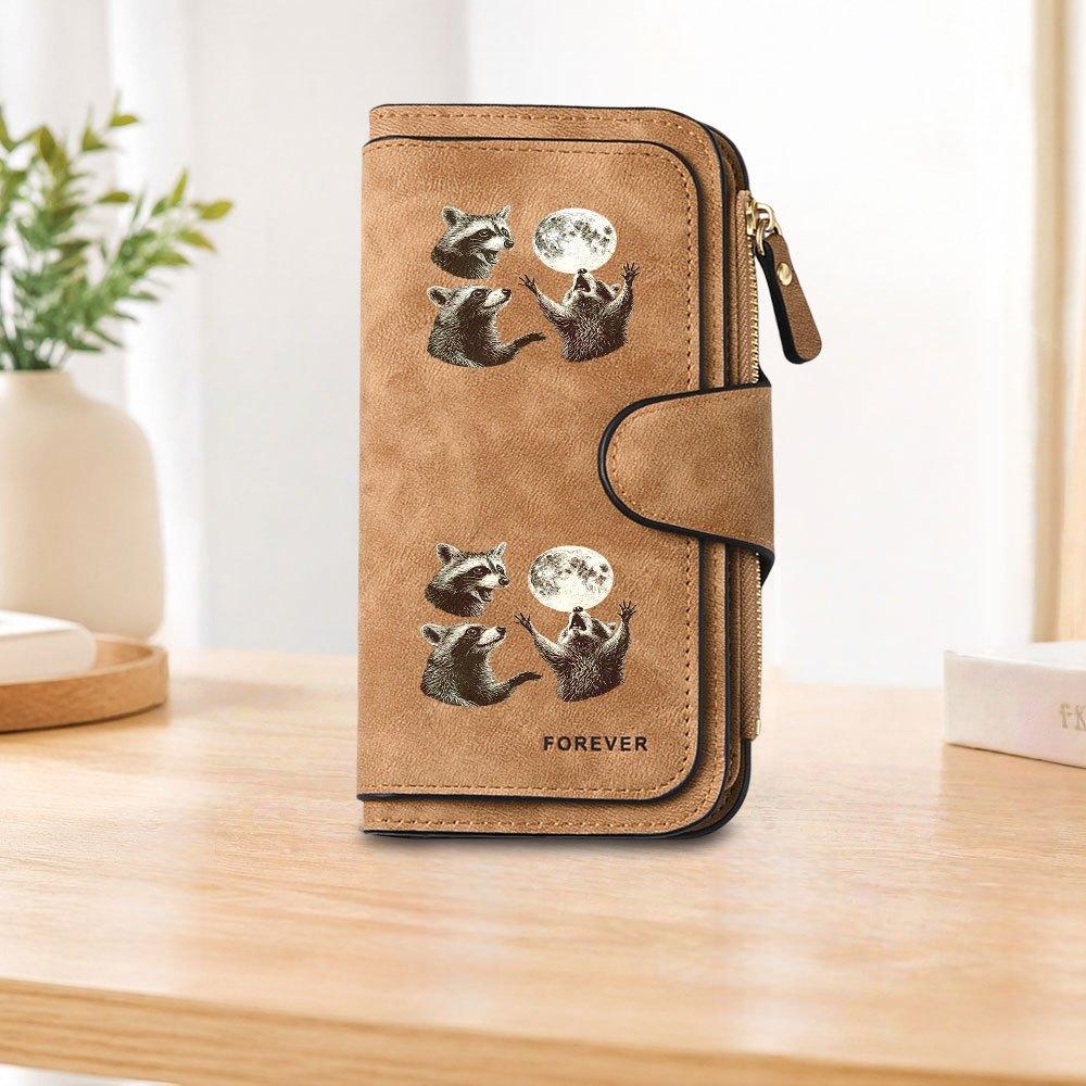 Raccoon Moon-Watching Long Zipper Wallet, Large Capacity Card Holder, Unisex Clutch Bag, Fashionable Zipper Coin Purse, Suitable for Daily Use, A