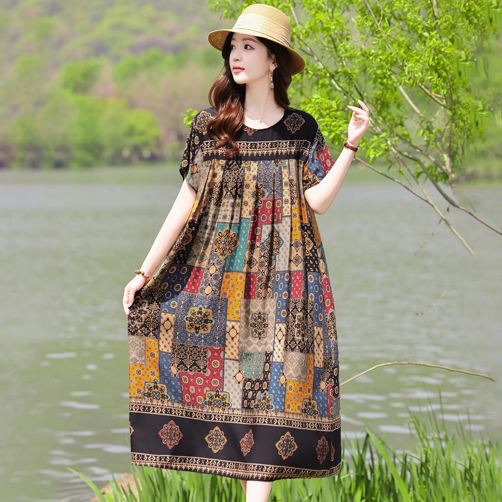 Women's Round Neck Short Sleeve Maxi Dress Loose Relaxed Waist Elegant Floral Print Plus Size Casual Summer Dress