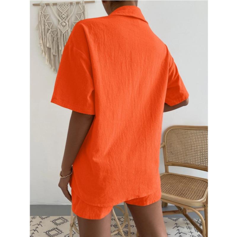 IHUASU Cotton and Linen Fashion Set, Solid-color Pocket Patch Off-the-shoulder Shirt and Shorts, Solid-color Short-sleeved Shirt