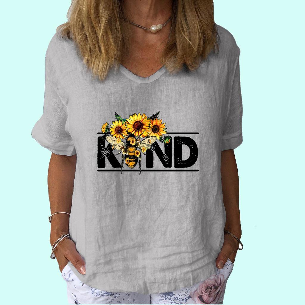 Women Fashion Short Sleeve Top Summer Casual V Collar  Shirt Ladies Print Cotton Linen T-shirt