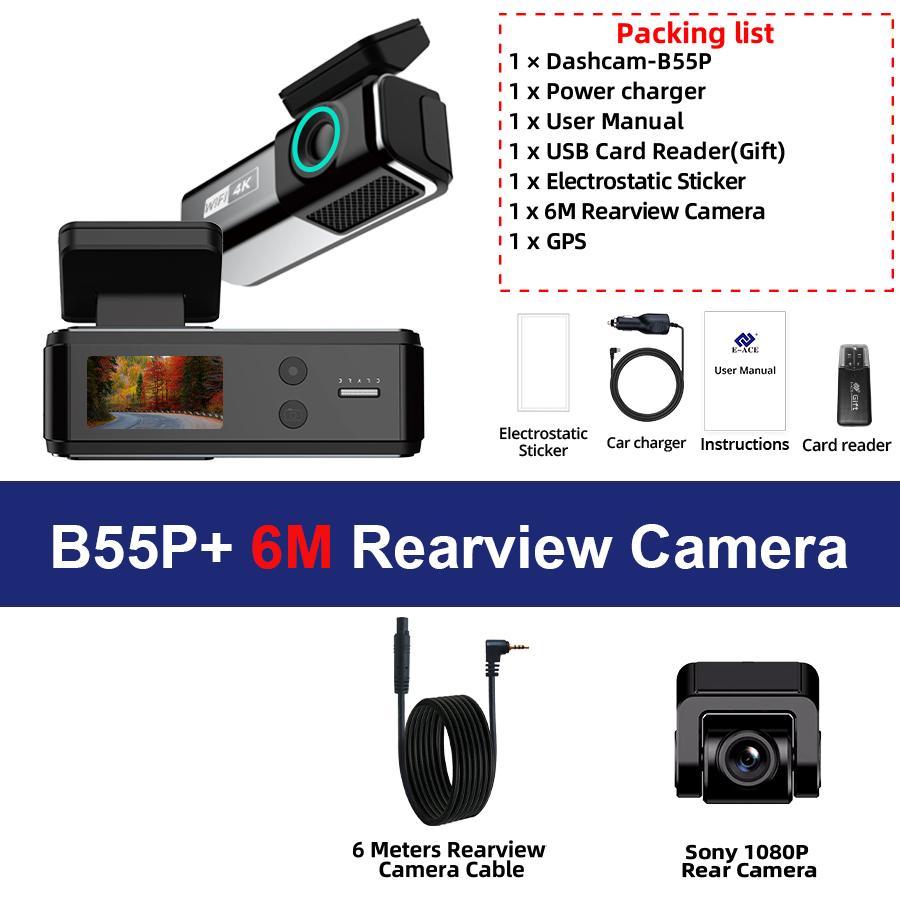 E-ACE Dash Cam 4K Black Box Mini Car Dvr 1080P Reverse Camera WIFI GPS Loop Recording 24H Parking Monitoring Video Recorder