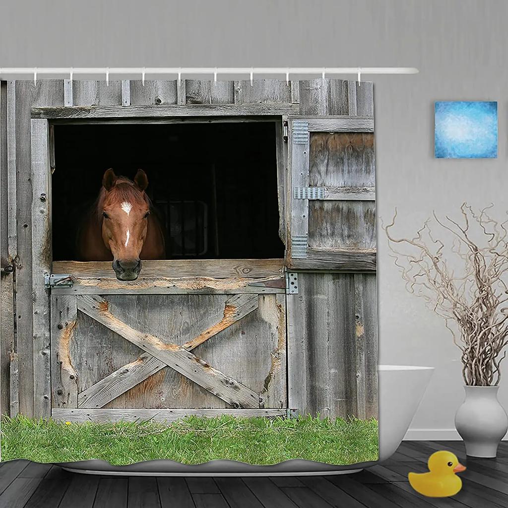 Wood Door Cow Shower Curtain Farm Animal Barn Door Wooden Wheel Pumpkin Sunflower Retro Bath Curtain Bathroom Accessories Set
