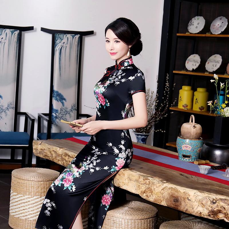 Damenkleid Seidensatin Schlankmachend Bedruckt Kurzarm Lang Cheongsam Kleid