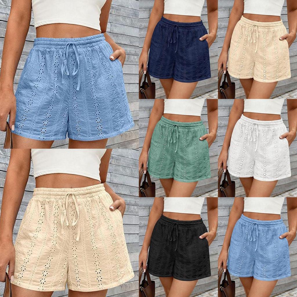 2026 European and American Women's Casual Hollow Elastic Drawstring Beach Shorts in Solid Color