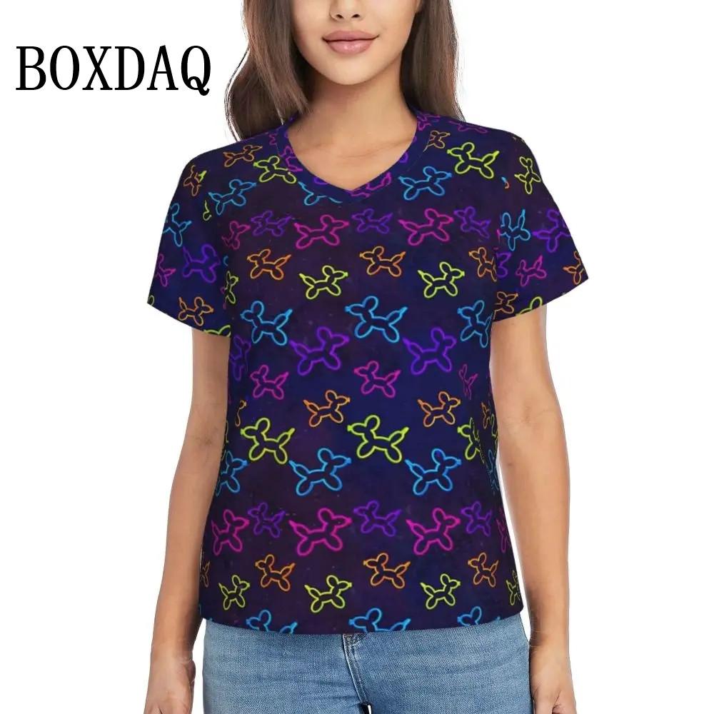 Rainbow Balloon Dogs Print T Shirt Female Summer V-Neck T Shirts Short Sleeve Street Fashion Shirt Women Cute Graphic Kawaii Top