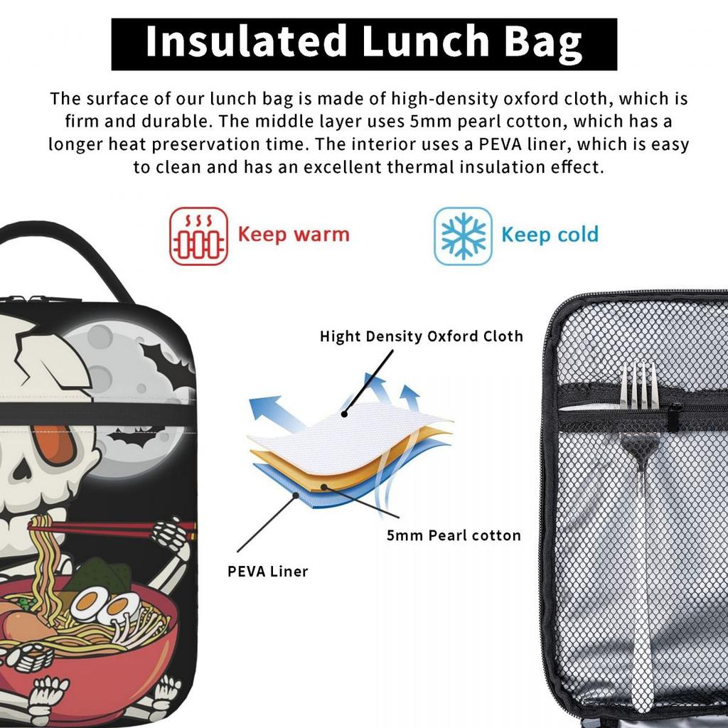 Cartoon Skeleton Eating Ramen Food Halloween Insulated Lunch Bag for Women Kids Portable Food Boxes Thermal Lunch Box Tote