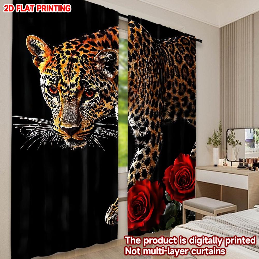 Set Of 2 Leopard Red Roses Curtains Digital Printing Wild Animal Floral Pattern Black Background Bold Living Room Decor Curtain For Sitting Made