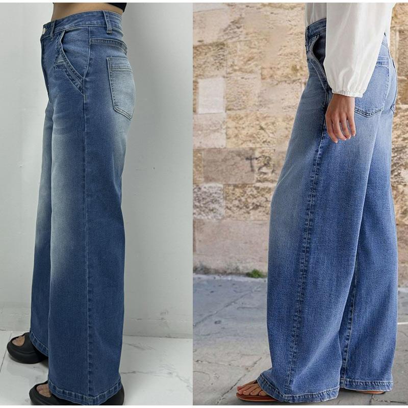 Spring New Women Vintage Street Straight Leg Jeans Loose Button Pocket Washed Denim Wide Leg Pants High Waist Casual Jeans 2026