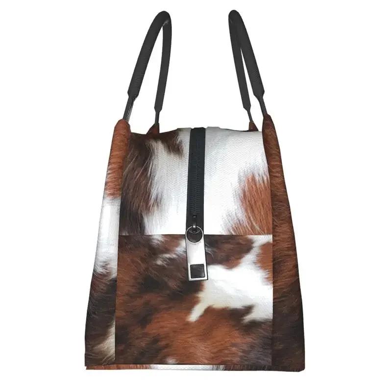 Cowhide Leather 3D Printing Resuable Lunch Box Women Waterproof Animal Fur Texture Thermal Cooler Food Insulated Lunch Bag