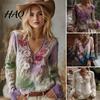 Künstlerisches Blumenmuster T-Shirt Damen V-Ausschnitt Langarm 3D-Dekor Pullover Oberteile Frühling Herbst mit Kunstperlen Lässiges Hemd Bequem Atmungsaktiv
