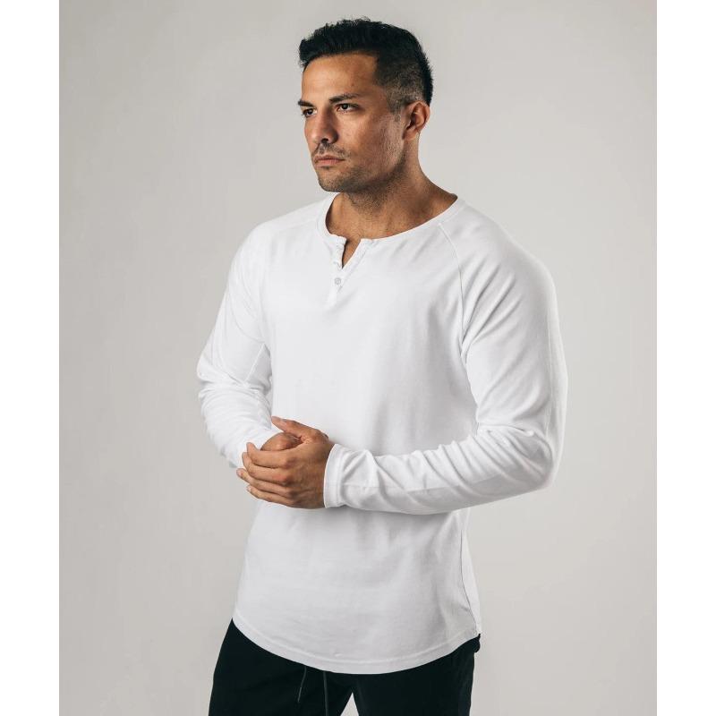 Spring and Summer Men s Long Sleeve Henley Sports Casual Cotton Stretch V-Neck Button Thin T-Shirt L
